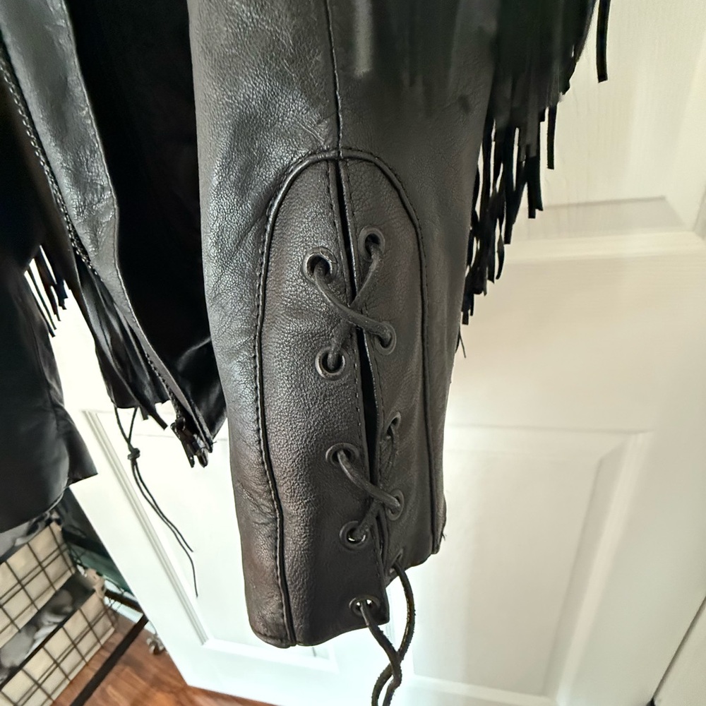 Women's Black Leather Fringe Jacket - Picture 8 of 13